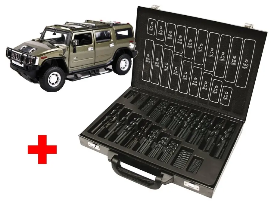 Prodejní box s vrtáky ČSN 221121RNHSS 170kusů 1-10mm x 0,5mm Pasivované + Model autíčka MZ Hummer H2 1:24