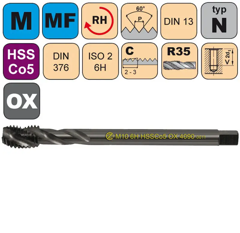 Závitníky strojní M HSSCo5 OX ISO2 (6H) N šroubovitá drážka DIN376