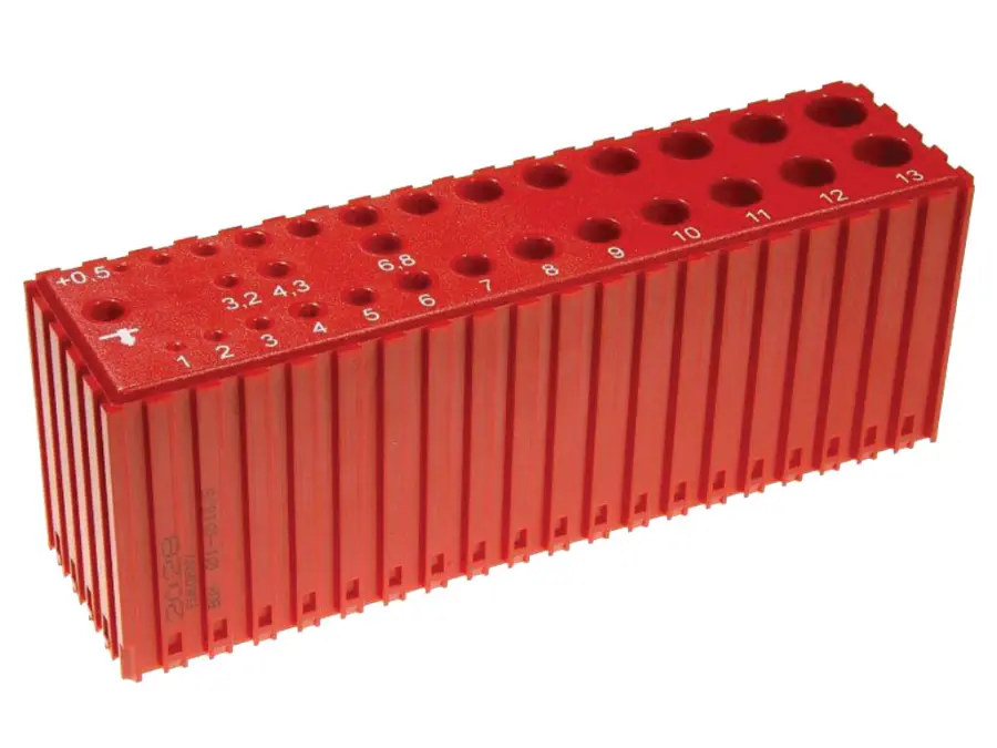 Stojánek na vrtáky 30 dílný (1,0-13,5x0,5+3,2+4,3+6,8mm+klička) plastový červený