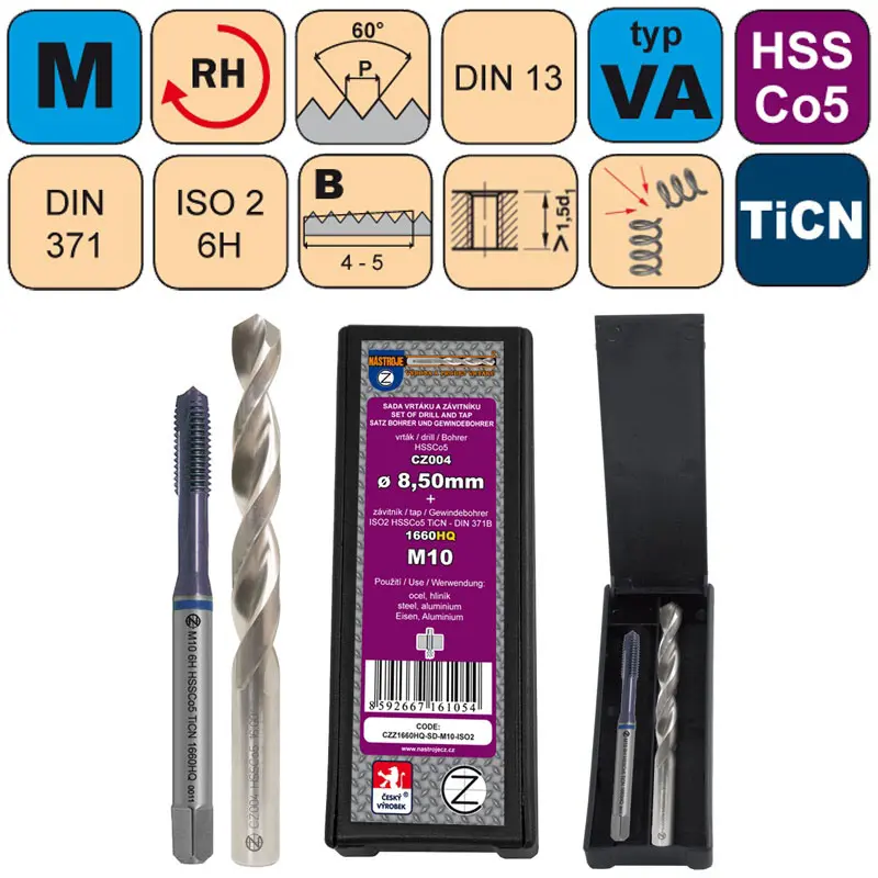 Sada str.záv.M10x1,5 ISO2 HSSCo5 TiCN DIN371B+vrták CZ004-08,50