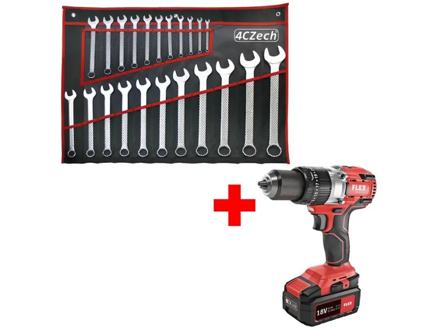 Sada 22dílných klíčů DIN 3113 (6-32mm) + aku-vrtačka FLEX PD 2G 18.0-EC