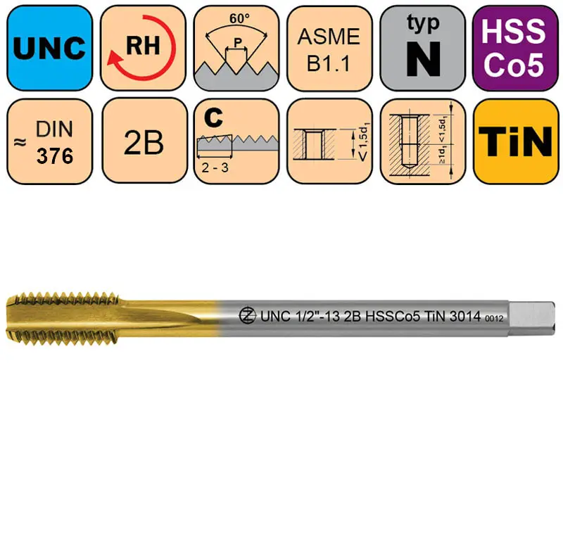 Závitníky strojní UNC 2B HSSCo5 TiN DIN 376 C