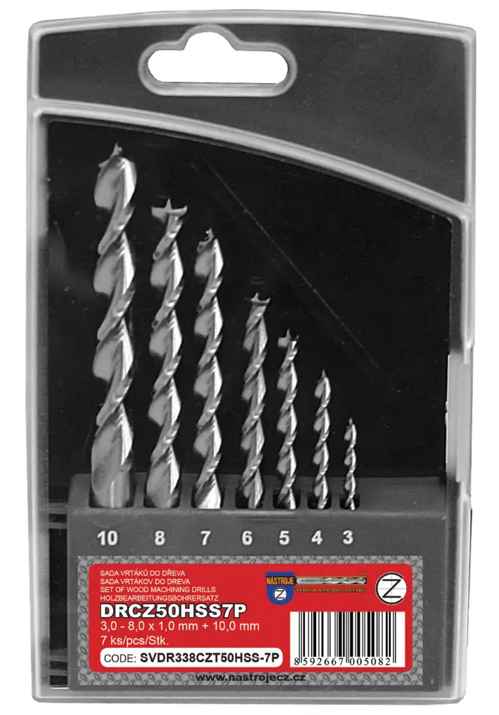 Sada vrtáků 7-dílná 3,00-10,00mm DR338RCZ50HSS do dřeva