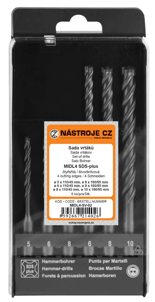 Sada vrtáků MIDL4 SDS-plus 6dílná 2b. 5,6,8x110/45 a 6,8,10x160/95