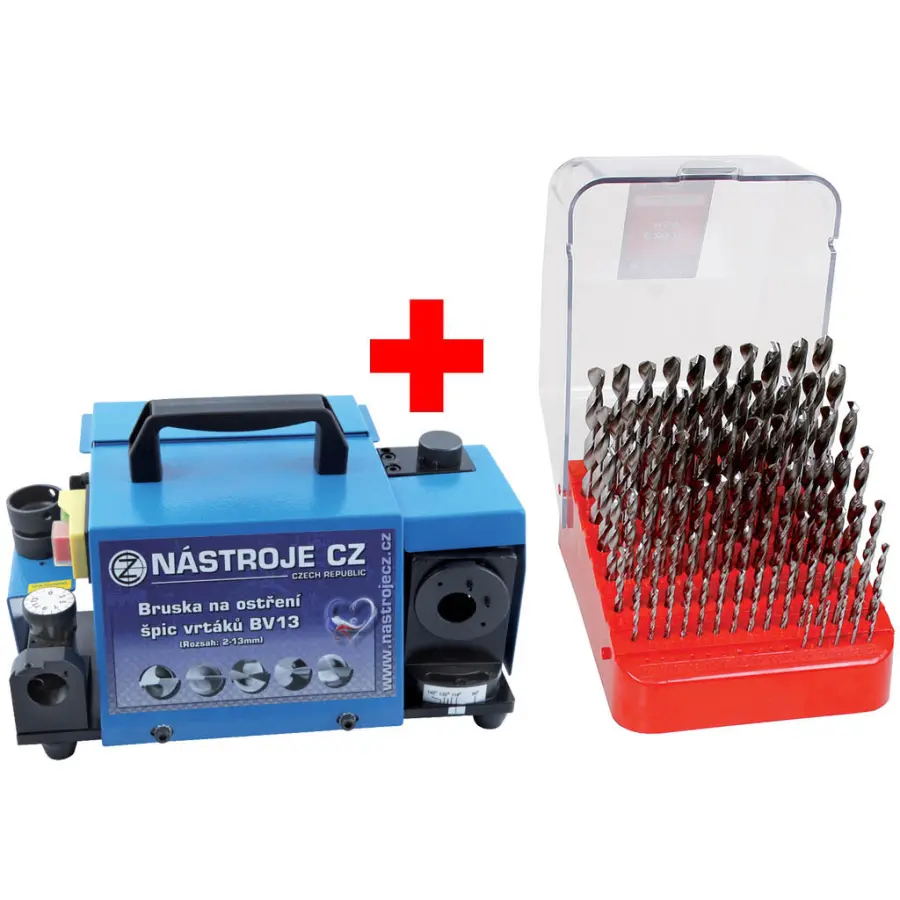 Bruska na vrtáky BV13 rozsah 2-13mm, 230V, 0,25A, 45W + Sada vrtáků 91-dílná, 1,00-10,00x0,1mm S338RCZ002HSS, stojánek plastový s víkem