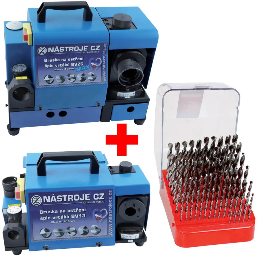 Prodejní set - Bruska na vrtáky BV26 Max rozsah 8-32mm, 230V, 0,5A, 90W + Bruska na vrtáky BV13 rozsah 2-13mm, 230V, 0,25A, 45W + Sada vrtáků 91-dílná, 1,00-10,