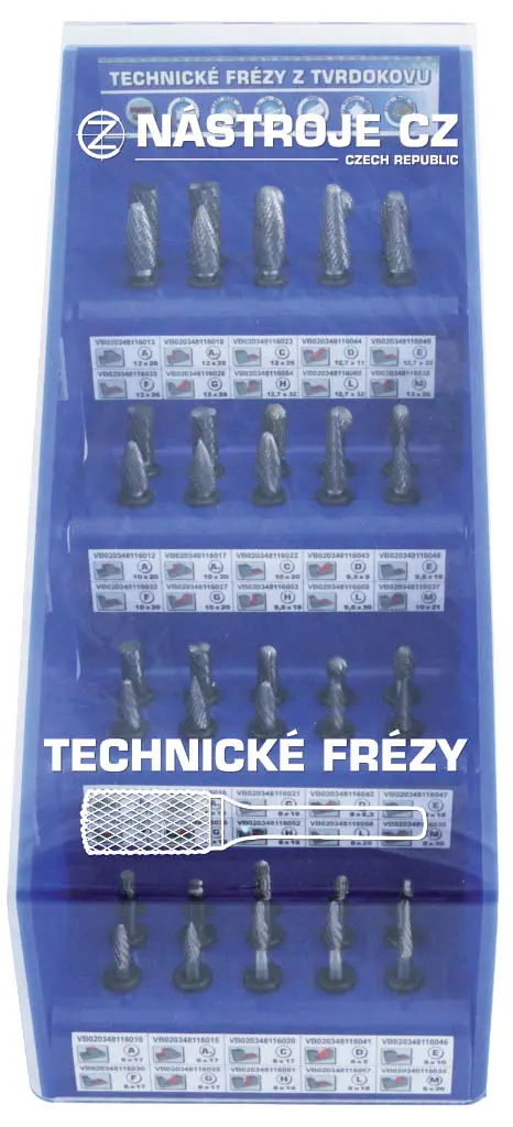 Sada technických TK fréz 40-dílná A,A+,C,G,F,L,M,D,H,E 8-10-12-16 dvojitý sek, ve stojanu