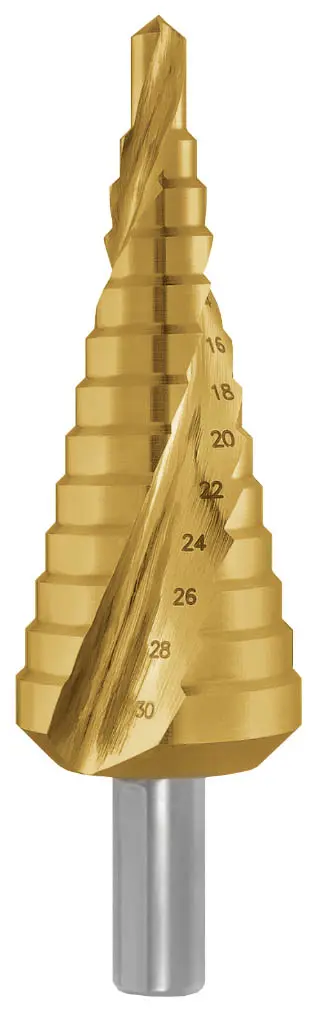 Stupňovitý vrták 6/30 (č. 2) HSSE TiN 6,8,10,12,14,16,18,20,22,24,26,28,30