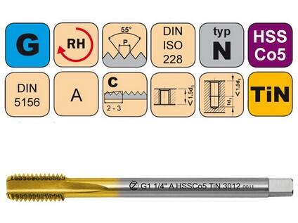 Závitník strojní G1 1/4" A HSSCo5 TiN DIN 5156 C - 3012 - CZZ3012-G1-1/4"-A