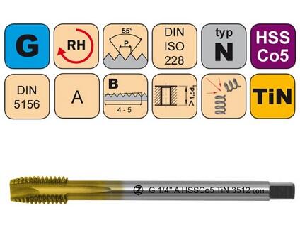 Závitník strojní G1/2" A HSSCo5 TiN DIN 5156 B - 3512 - CZZ3512-G1/2"-A