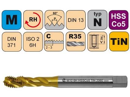 Závitník strojní M3x0,5 ISO2 HSSCo5 TiN DIN 371 RSP35 - 2060 - CZZ2060-M3-ISO2