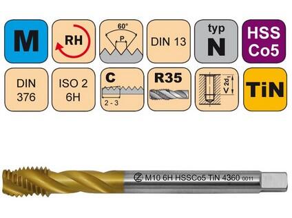 Závitník strojní M6x1 ISO2 HSSCo5 TiN DIN 376 RSP35 - 4360 - CZZ4360-M6-ISO2