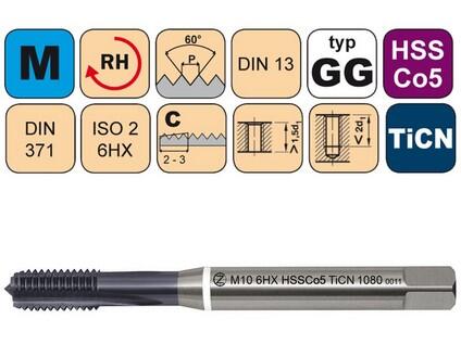 Závitník strojní M10x1,5 6HX HSSCo5 TiCN DIN 371 C - 1080 - CZZ1080-M10-6HX