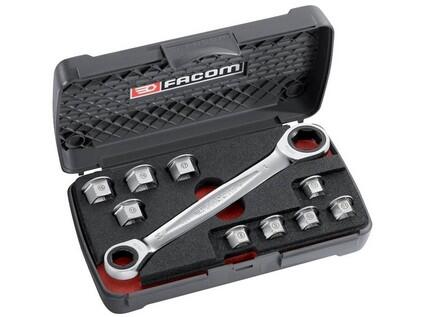 Klíč ráčnový 11v1 Cr-V, 8-19mm (klíč 14,19mm, vložky 8,9,10,11,12,13,15,16,17mm) vysoký profil šestihranu 530g - FC-464.J1