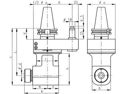 FUH-FXI ER32 HSK 100A DIN 69893 Model pevný 90° FXI ER32 - frézovací úhlová hlava s pevnou kuželovovu stopkou - MT255248