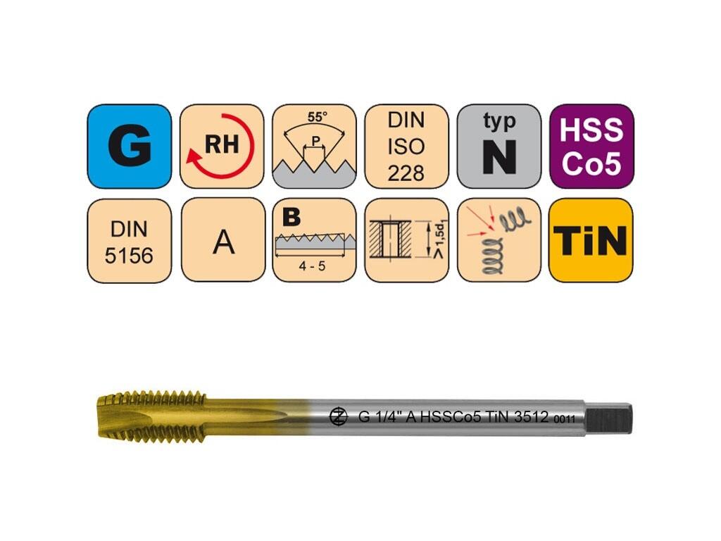 Závitník strojní G1 1/2" A HSSCo5 TiN DIN 5156 B - 3512 - CZZ3512-G1-1/2"-A
