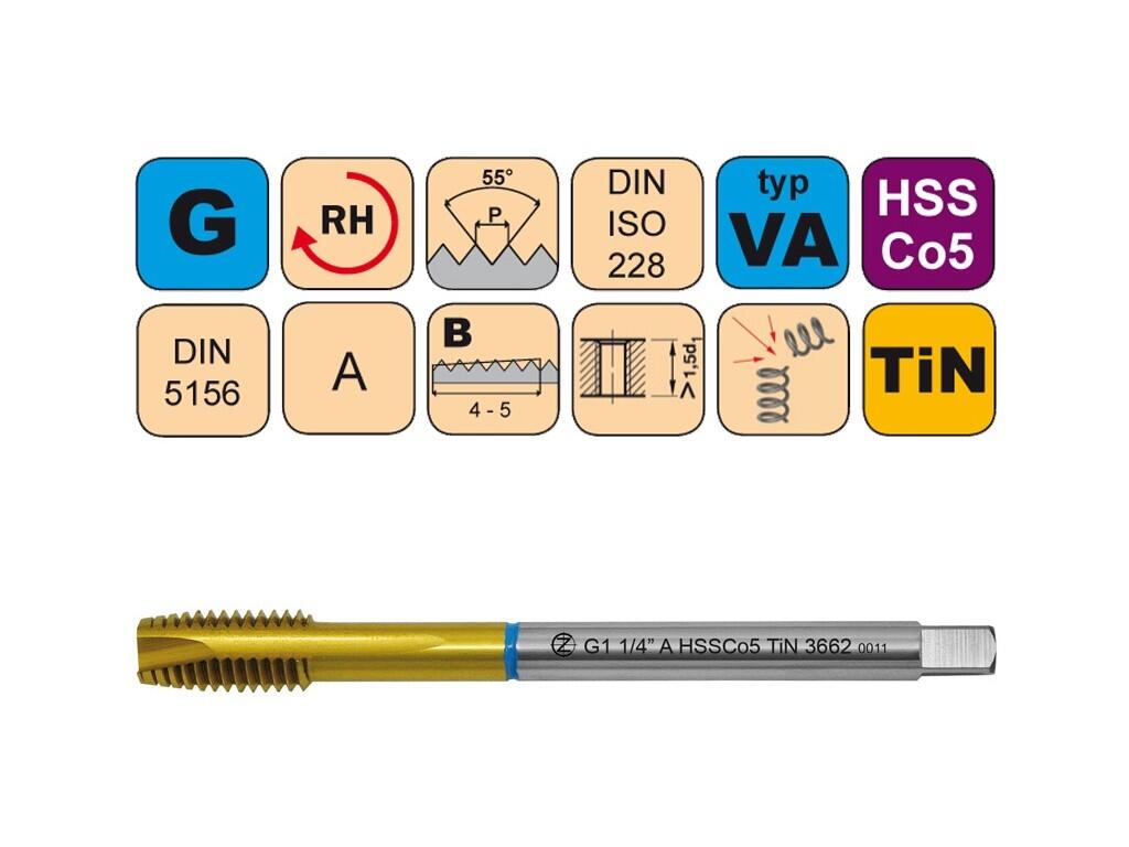 Závitník strojní G3/8" A HSSCo5 TiN DIN 5156 B - 3662 - CZZ3662-G3/8"-A