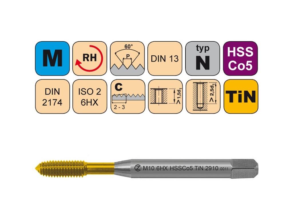 Tvářecí závitník M12x1,75 6HX HSSCo5 TiN DIN 2174 - 2910 - CZZ2910-M12-6HX
