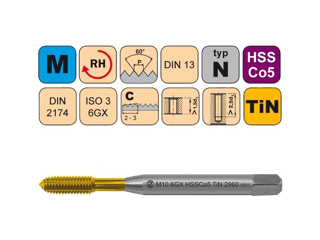 Tvářecí závitník M10x1,5 6GX HSSCo5 TiN DIN 2174 s mazací drážkou - 2960 - CZZ2960-M10-6GX
