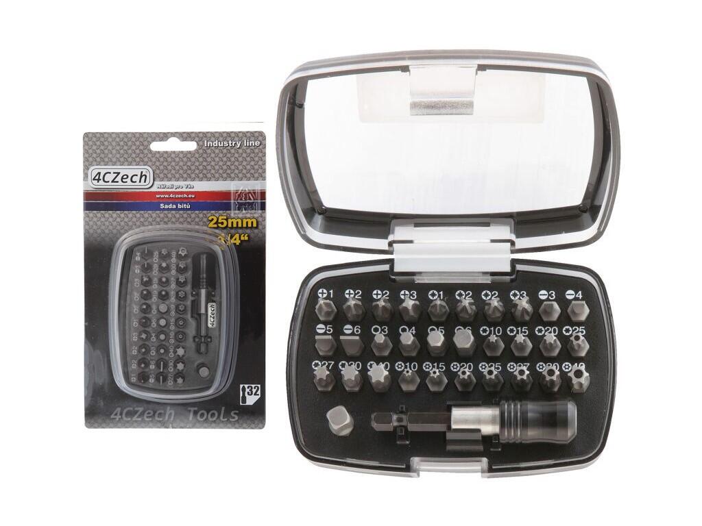 Sada bitů 1/4"-25mm v krabičce 32ks, PL3-4-5-6,PH1-2-2-3,PZ1-2-2-3,TX10-15-20-25-27-30-40,TT10-15-20-25-27-30-40,6HR3-4-5-6,adaptér 1/4"-25mm, magnetický držák - 4CZ-8504-32