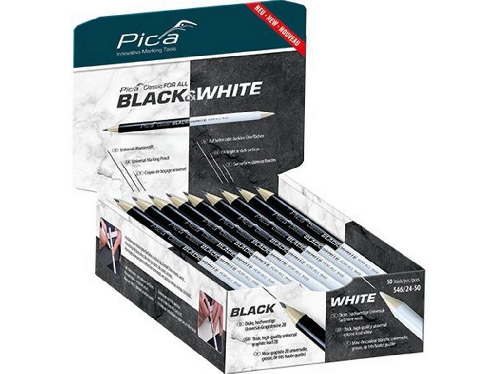 PICA CLASSIC FOR ALL BLACK&WHITE - DŘEVĚNÁ DVOUSTRANNÁ TUŽKA 1ks - ČERNÁ A BÍLÁ TUHA PIŠNAVŠE - PÍŠE NA HLADKÉ POVRCHY - KOV, SKLO, PLAST, OBKLADY, DLAŽBY, KERA - PC-546/24