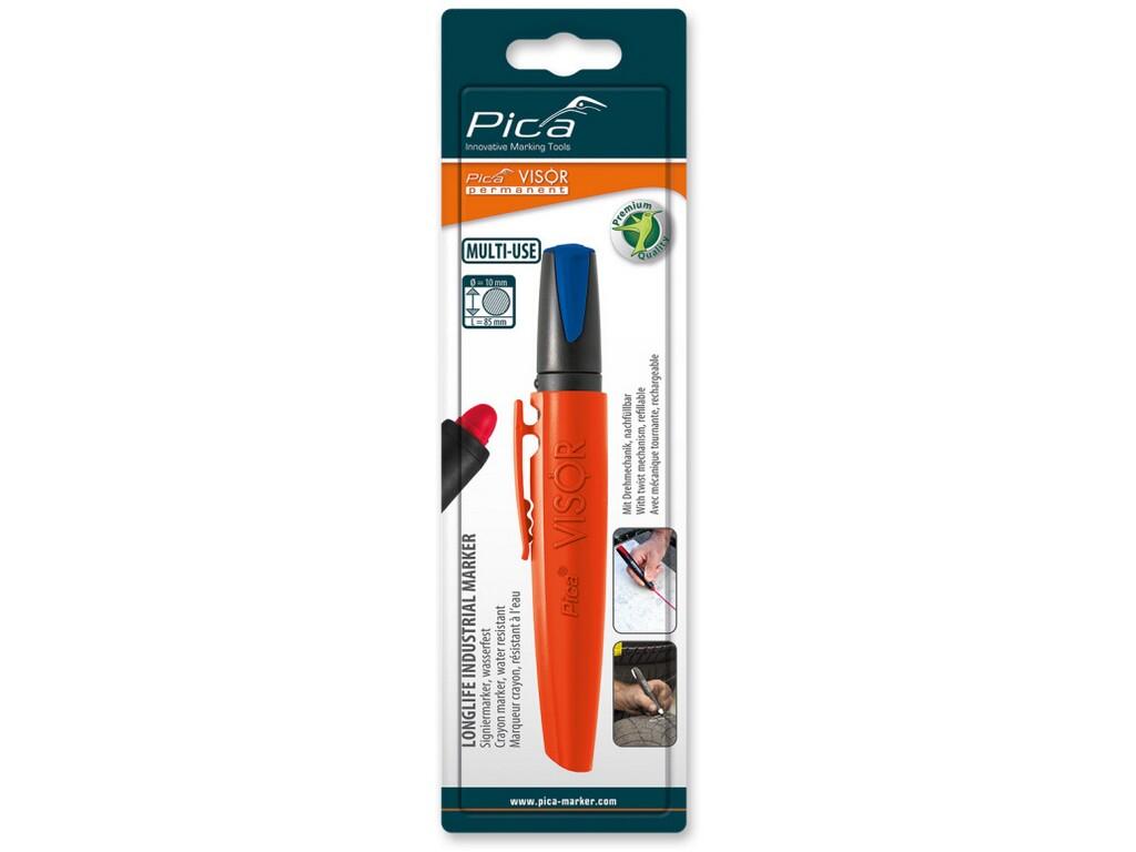 PICA VISOR PERMANENT - VODĚODOLNÝ ZNAČKOVAČ NOVÉ GENERACE - PÍŠE NA HRUBÉ, HLADKÉ, MOKRÉ, SUCHÉ, MASTNÉ, ZAPRÁŠENÉ, SVĚTLÉ NEBO TMAVÉ POVRCHY - MODRÝ - BLISTER - PC-990/41/SB