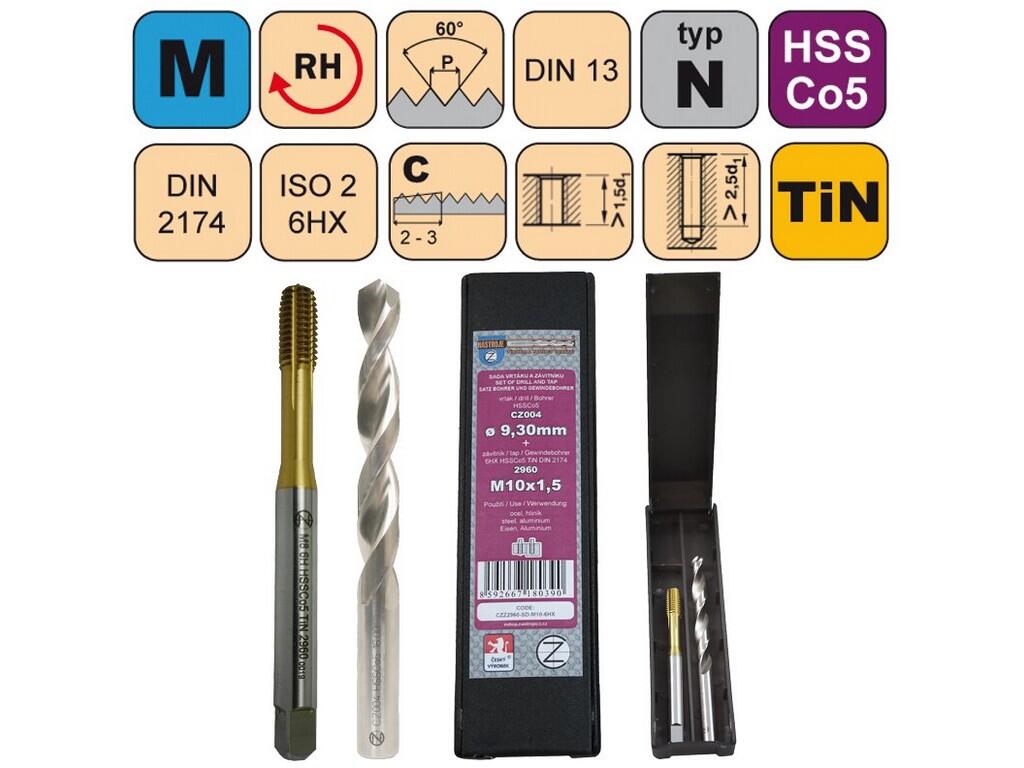 Sada tvářecí závitník M8x1,25 6HX HSSCo5 TiN DIN 2174 s mazací drážkou +vrták CZ004-07,40 - CZZ2960-SD-M8-6HX
