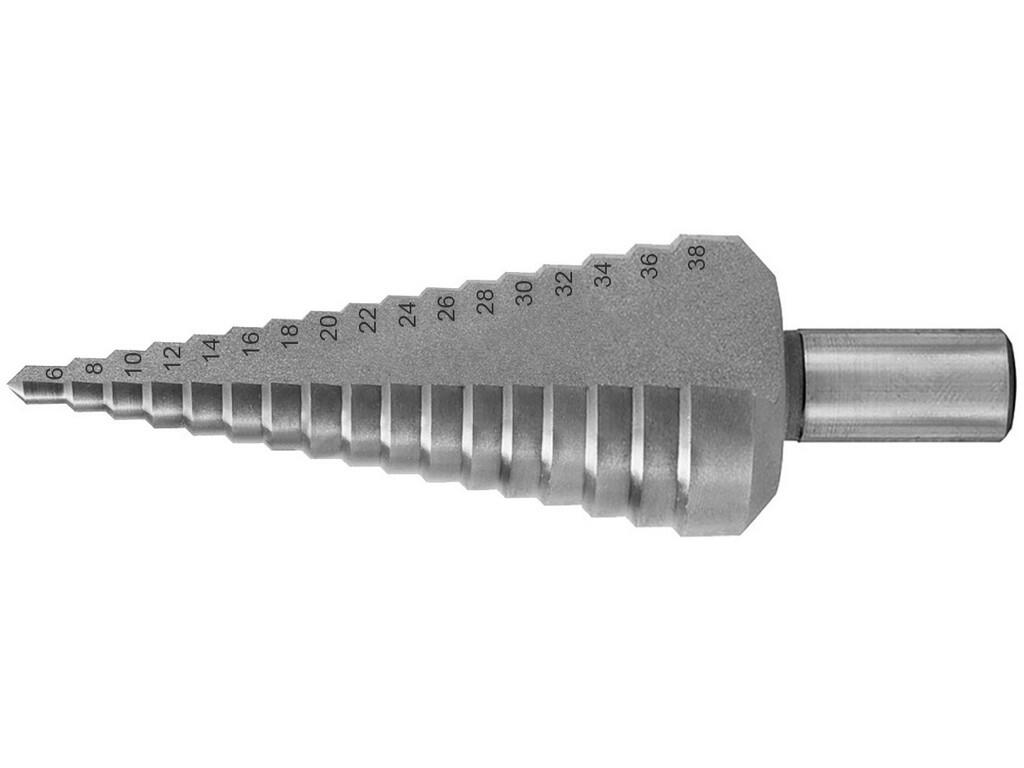 Vrták stupňovitý 6-38, po 2mm HSSE  6;8;10;12;14;16;18;20;22;24;26;28;30;32;34;36;38 stopka 12mm - PA56610-638100
