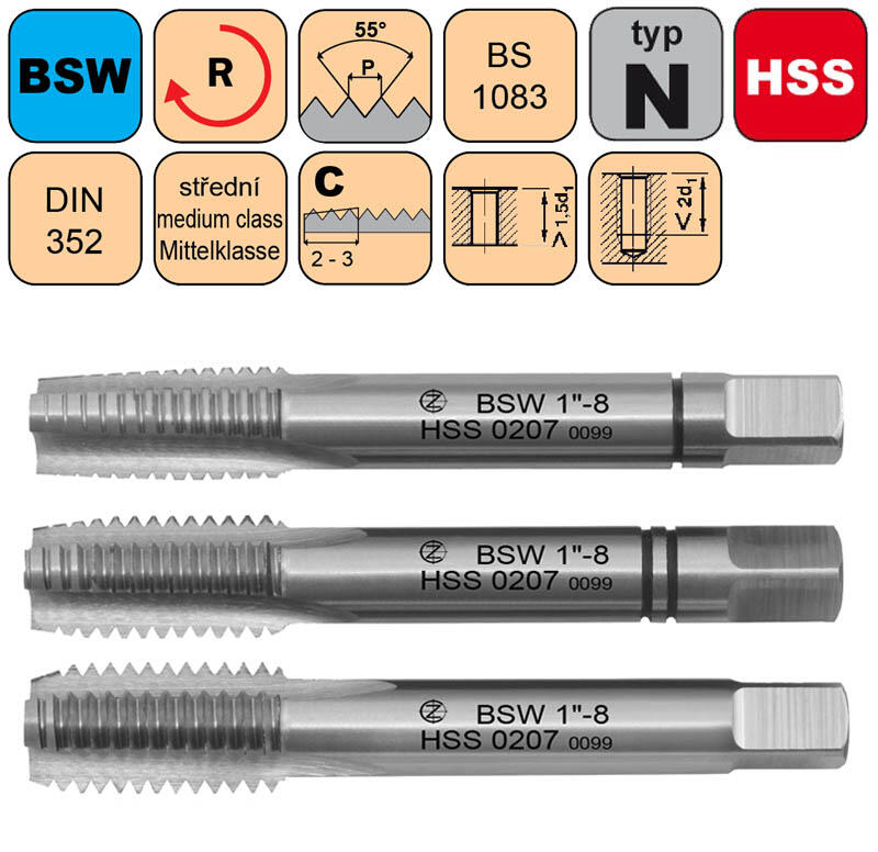 Závitník sadový BSW 1/8"-40 SD střední HSS DIN 352 - CZZ0207-BSW-1/8"-40-SD