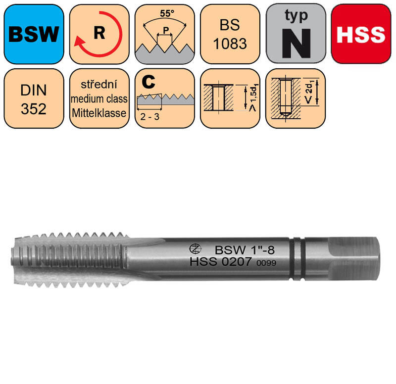 Závitník sadový BSW 1-1/2"-6 II střední HSS DIN 352 - CZZ0207-BSW-1-1/2"-6-II