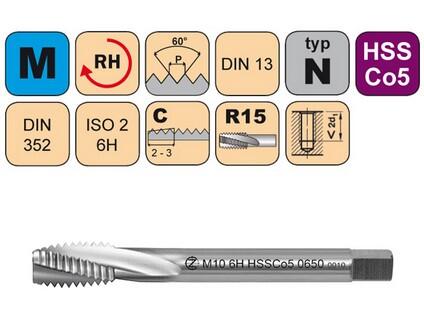 Závitník strojní krátký M12 ISO2 HSSCo5 DIN 352 RSP15 - CZZ0650-M12-ISO2