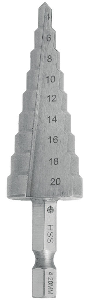 Vrták stupňovitý HSS 4-20mm/9st. 4-6-8-10-12-14-16-18-20 stopka bit 1/4" - VSB1HSS