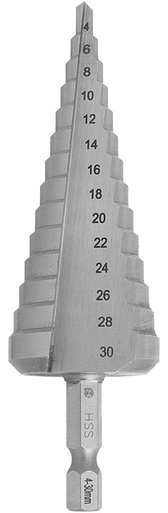 Vrták stupňovitý HSS 4-30mm/14st. 4-6-8-10-12-14-16-18-20-22-24-26-28-30 stopka bit 1/4" - VSB2HSS