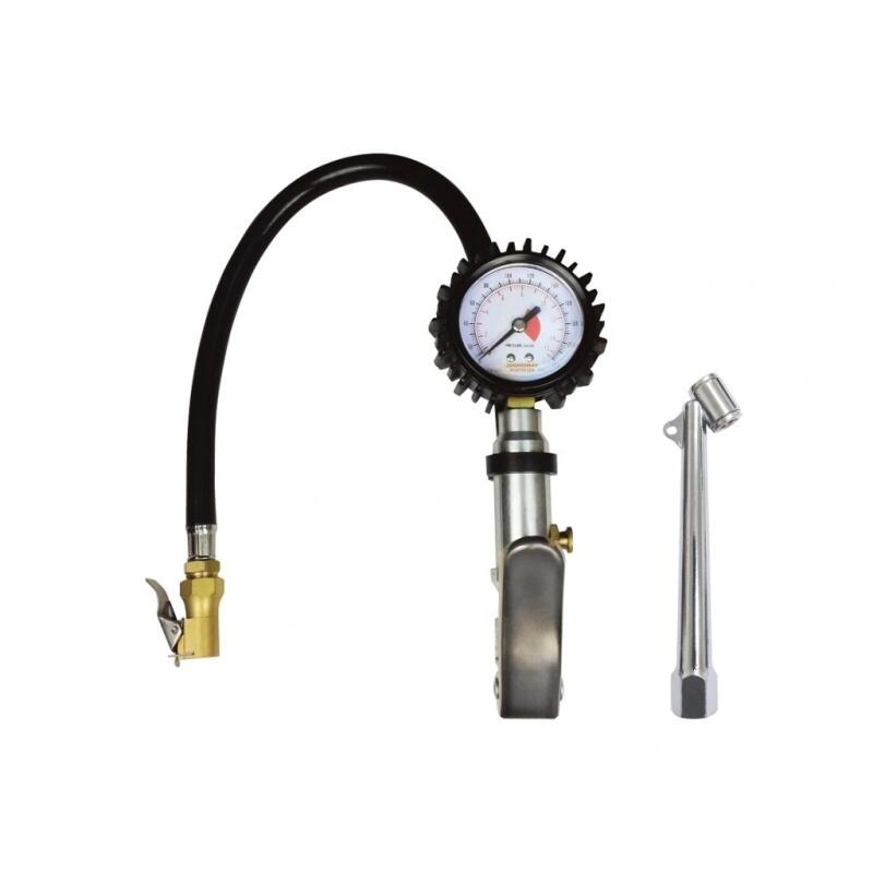 Pneuhustič s manometrem 0-220PSI / 0-15bar, + vyhnutá oboustranná hustící koncovka - JW-AG010038S