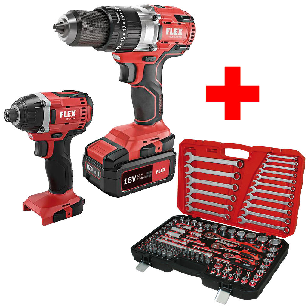 PD 2G 18.0-EC FS55 aku-vrtačka + ID 1/4" 18.0-EC aku-rázový utahovák + 1/4" + 3/8" + 1/2" 130dílná sada nářadí 4-32mm, 3 ráčny a klíče - SET-FX-516236-E