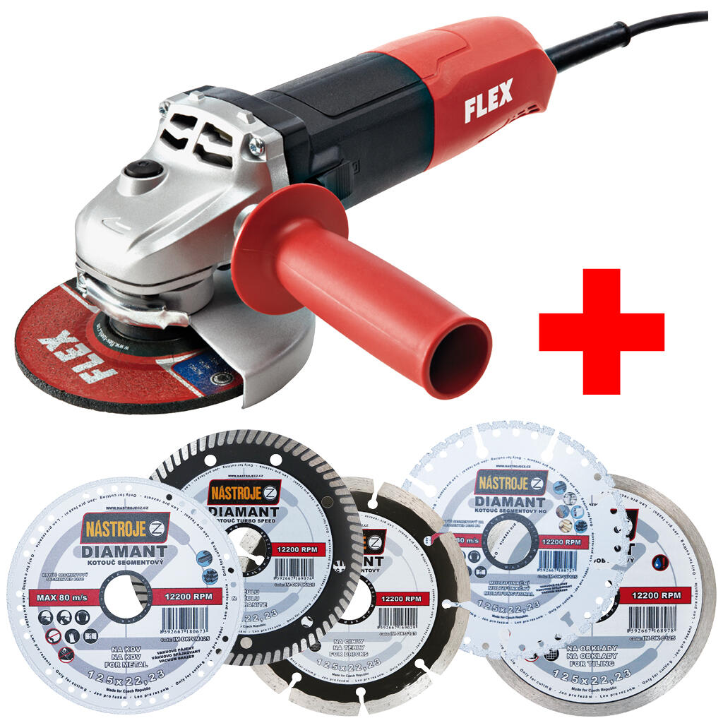 L 1001 úhlová bruska 125mm, 1010W, 10.000ot/min, kabel 4m, 2.2kg, 230V/CEE + 5ks řezných diamantových kotoučů NÁSTROJE CZ - SET-FX-438340-E