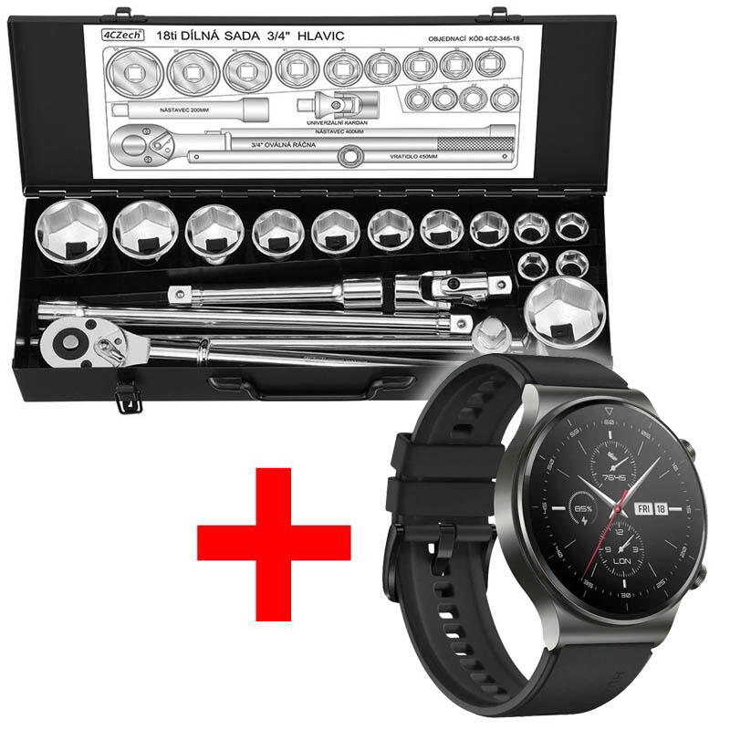 3/4" 18dílná sada nářadí 19-55mm + ráčna 24 zubů + Chytré hodinky s ovládáním v češtině, GPS, měření tepu, monitoring spánku, krokoměr, oxymetr, barometr - SET-4CZ-346-18-E1