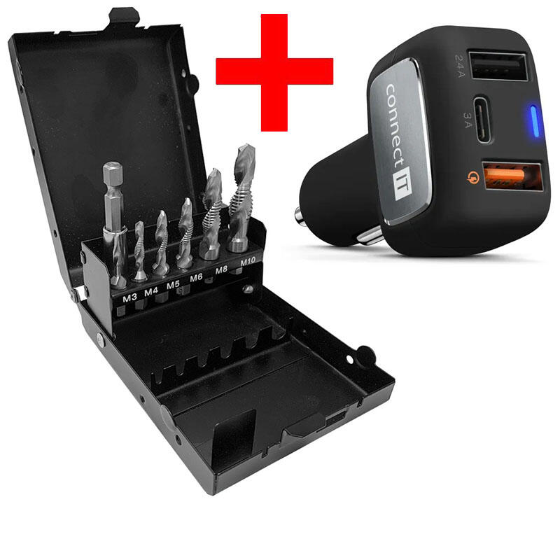 Sada kombinovaných závitníků M3+M4+M5+M6+M8+M10 HSS + adaptér, v kovové krabičce + Nabíječka do auta CONNECT IT InCarz- 2x USB- 1x USB-C- 3A- černá - SET-CZVZ-130-907-E1