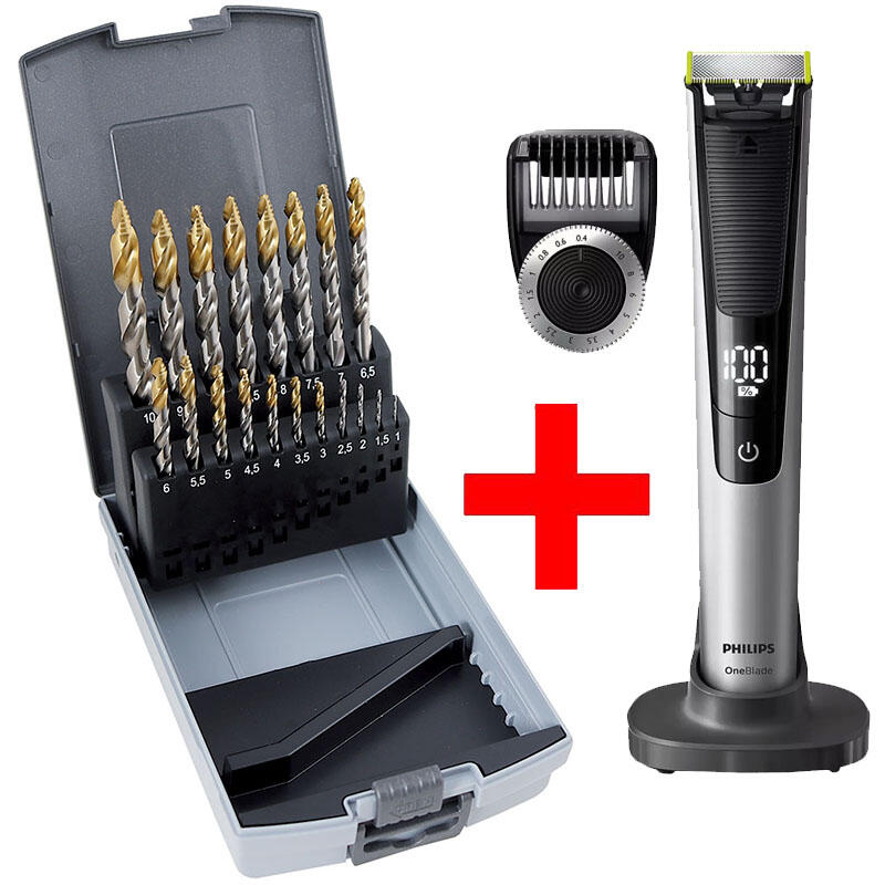 Sada vrtáků 19 dílná, 1,00-10,00x0,5mm S338RGSNHSSCo5TiN Gold Step, plastová krabička + Philips OneBlade Pro QP6520/20 holicí strojek - SET-SV338RGSNHSSCO5TIN-19P-E1