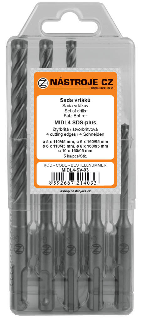 Sada vrtáků MIDL4 SDS-plus 5dílná 2b. 5,6x110/45 a 6,8,10x160/95 - MIDL4-SV-03