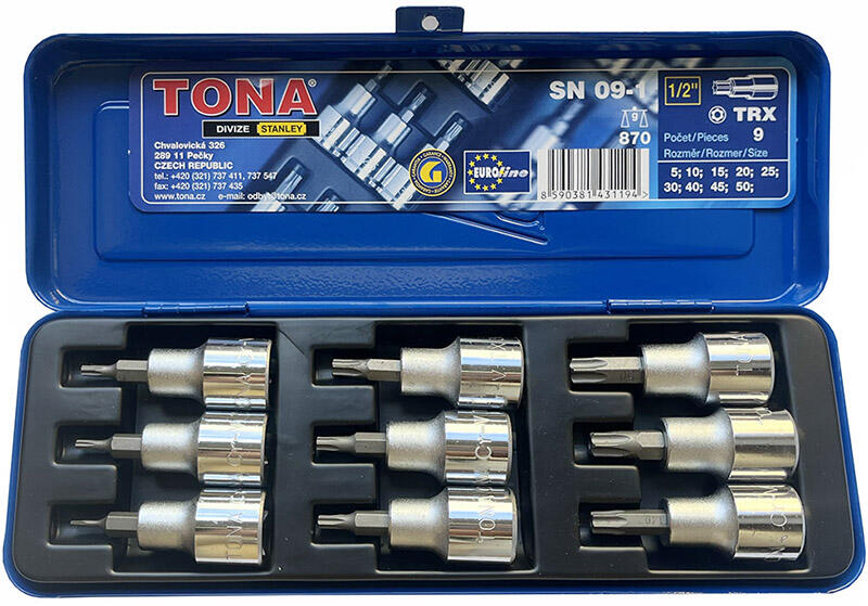 1/2" Sada hlavic TRX zástrčných s otvorem, 9dílná - TNSN09-1
