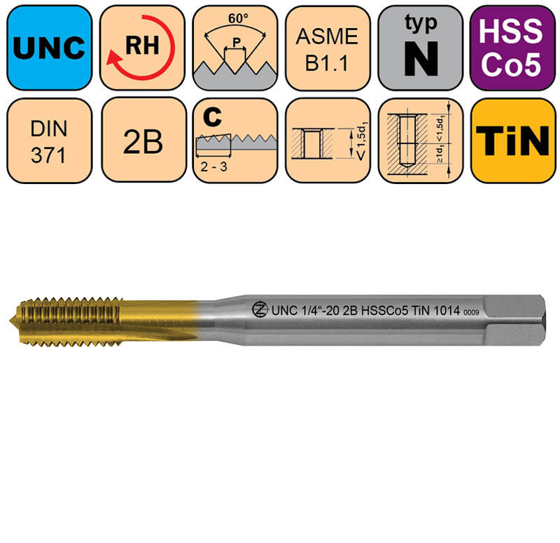 Závitník strojní UNC 1/4"-20 2B HSSCo5 TiN DIN 371 C - CZZ1014-UNC-1/4"-20-2B