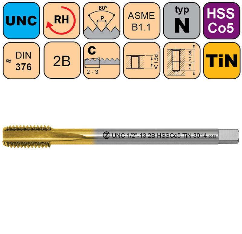 Závitník strojní UNC 3/4"-10 2B HSSCo5 TiN DIN 376 C - CZZ3014-UNC-3/4"-10-2B