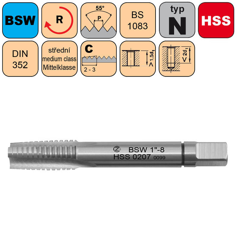 Závitník sadový BSW 1-1/2"-6 I střední HSS DIN 352 - CZZ0207-BSW-1-1/2"-6-I