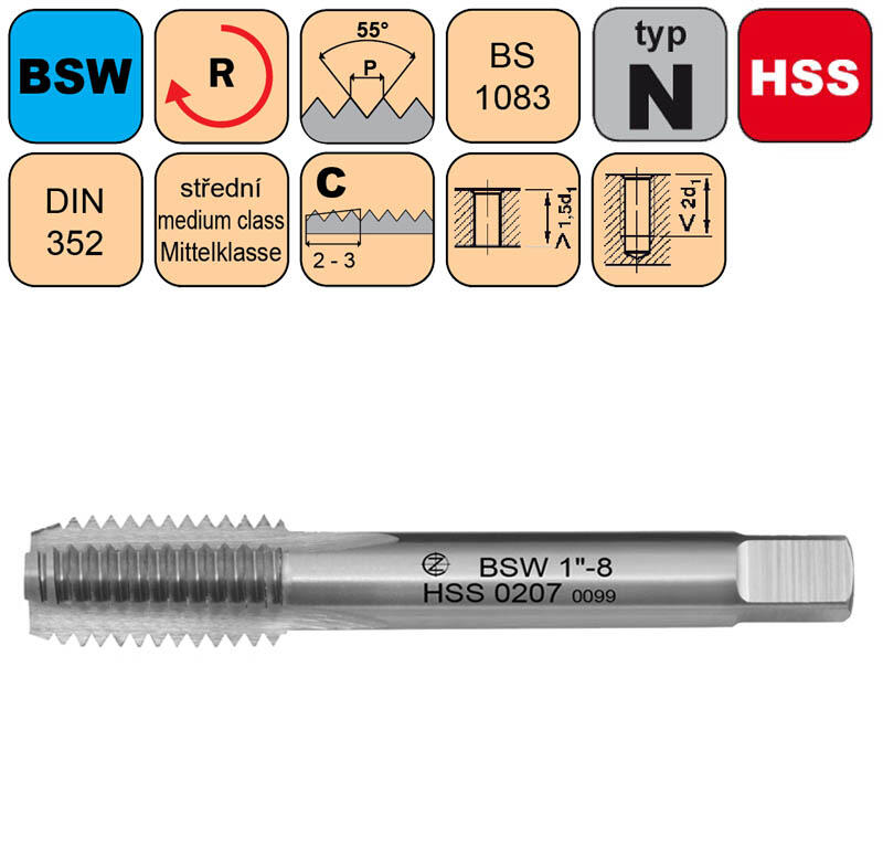Závitník sadový BSW 1-1/2"-6 III střední HSS DIN 352 - CZZ0207-BSW-1-1/2"-6-III