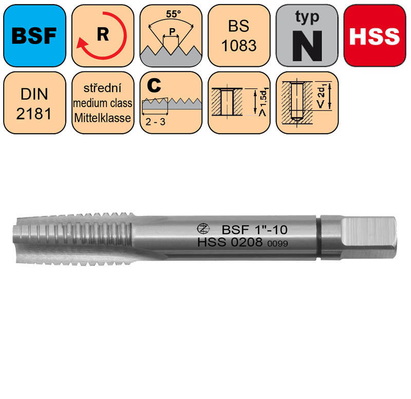 Závitník sadový BSF 9/16"-16 I střední HSS DIN 2181 - CZZ0208-BSF-9/16"-16-I