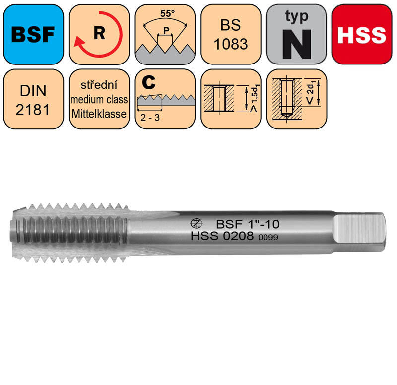 Závitník sadový BSF 1/2"-16 III střední HSS DIN 2181 - CZZ0208-BSF-1/2"-16-III