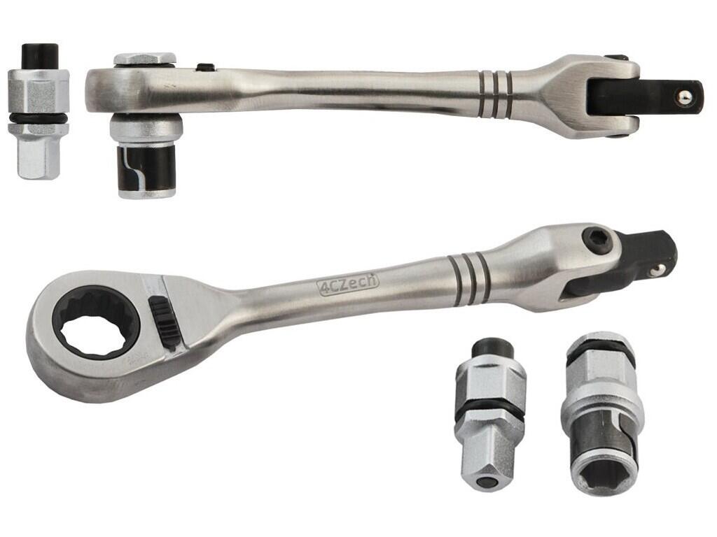 Ráčna mini přepínací s otvorem 10mm + 1/4" čtyřhranem + adaptéry 1/4" NEREZ - 4CZ-134-1014