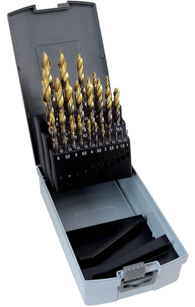 Sada vrtáků 24 dílná, 1,00-10,00x0,5mm+3,3+4,2+6,8+10,2+10,5 S338RGSNHSSCo5TiN Gold Step, plastová krabička - SV338RGSNHSSCO5TIN-24P