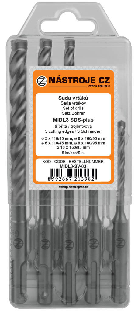 Sada vrtáků MIDL3 SDS-plus 5dílná 2b. 5,6x110/45 a 6,8,10x160/95 - MIDL3-SV-03